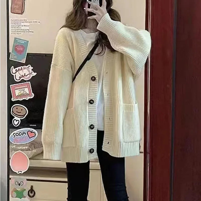 Autumn Winter Women Cardigan Sweater Coats Fashion Female Long Sleeve V-neck Loose Knitted Jackets Casual Sweater Cardigans - Matrix Studios