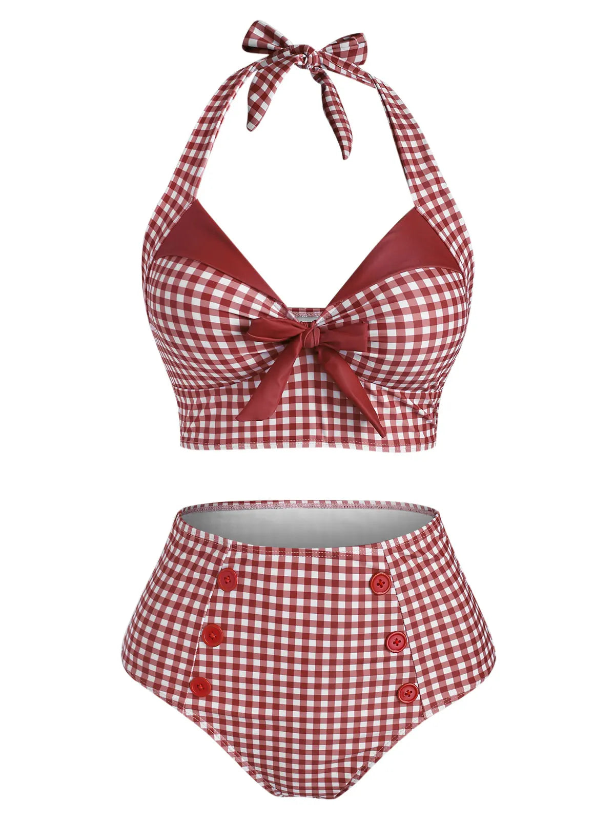 Dressfo Women's Tummy Control Tankini Swimwear Vintage Plaid Print Swimsuit Corset Style Mock Button Summer Beach Bathing Suit - Matrix-studios.com