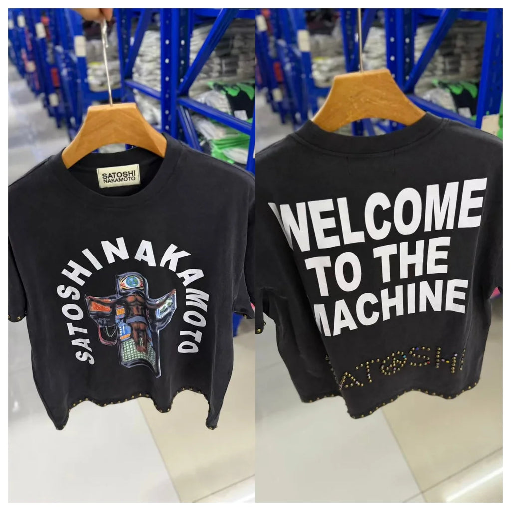 Mens Premium Acid Wash Short Sleeve T-Shirt Satoshi Nakamoto Heavy Dual Side Gold Stud Rhinestone Graphi - Matrix-studios.com