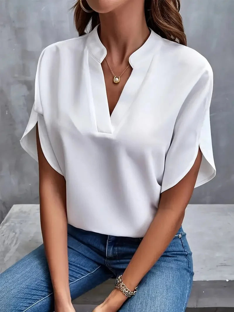Summer Elegant Women's Blouse New V-neck Short Sleeve Solid Color Loose Shirt Casual White Tops Office Lady Blouses - Matrix-studios.com