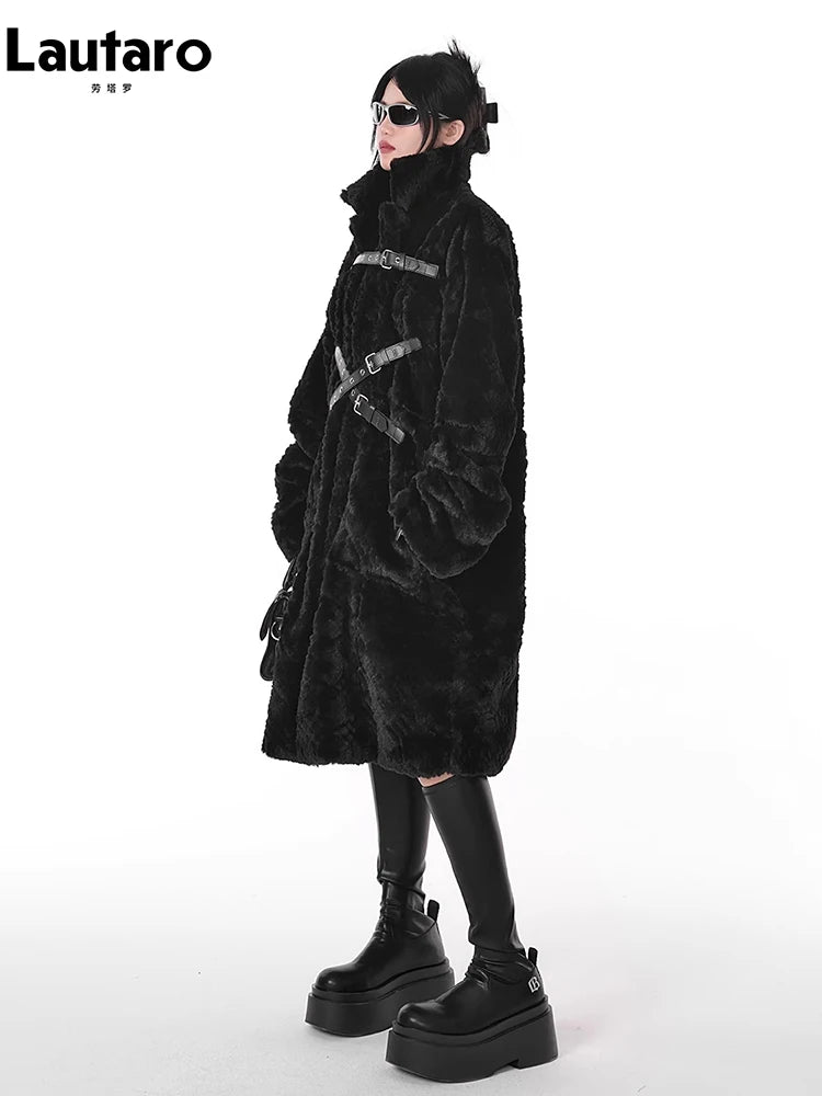 Lautaro Winter Cool Long Loose Casual Soft Thick Warm Black Fuzzy Faux Fur Coat Women Stand Collar Punk Style Fluffy Jacket 2023 - Matrix Studios