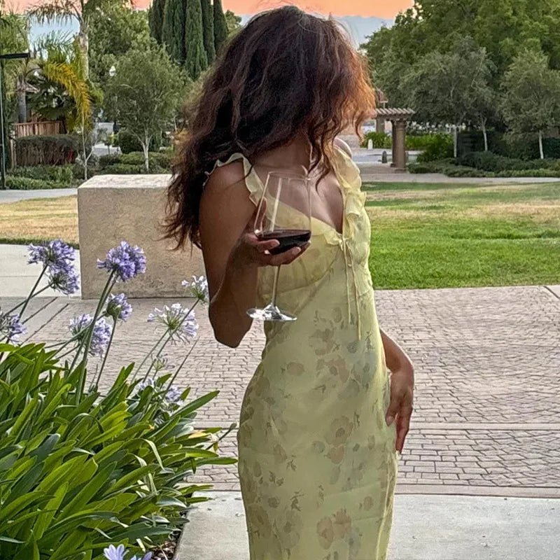 Cryptographic Summer Floral Print Plunge Maxi Dress Outfits Sexy Backless Fairy Sun Dresses Vacation Beachwear Vestido Coquette - Matrix-studios.com