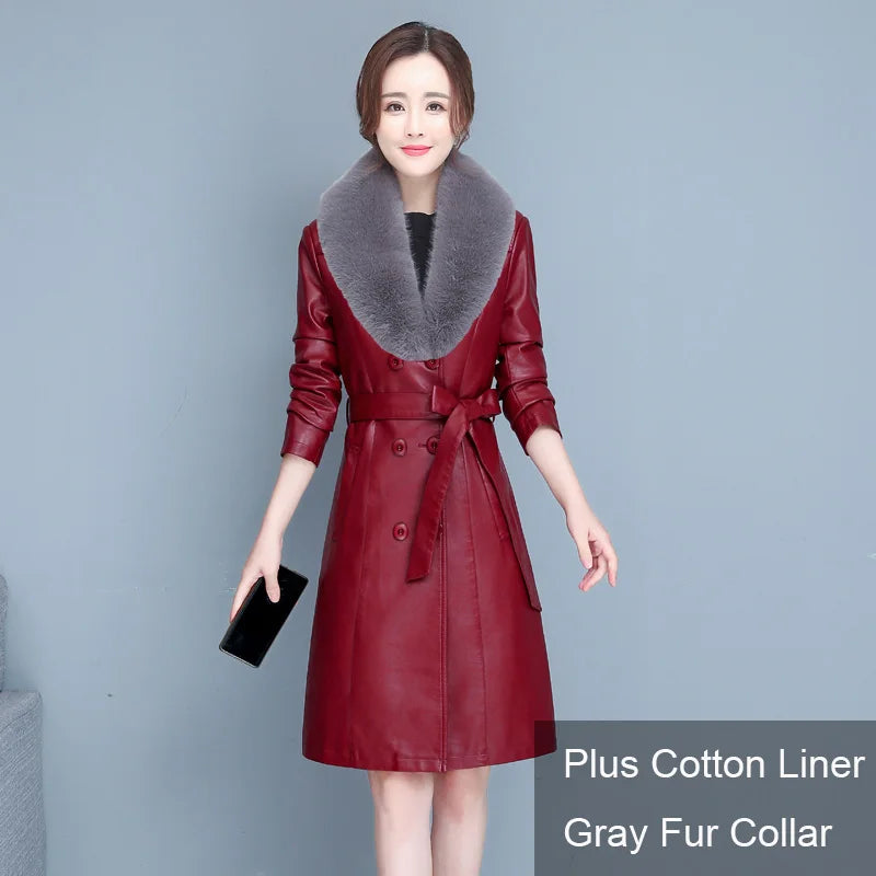 M-7XL Woman Sheepskin OverCoat Spring Autumn Winter 2026 Fashion Fur Collar Warm Thick Slim Long Sheep Leather Coat Female - Matrix Studios