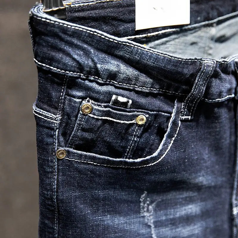 American Elastic Straight Jeans Men Ripped Worn-out Slim-fit Cotton Denim Pants Korean Style Fashion Blue Black Men's Clothing - Matrix Studios