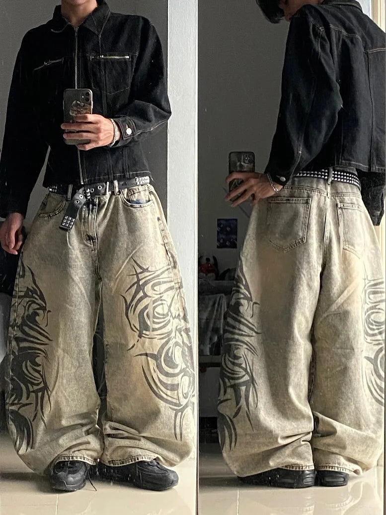 American Retro Streetwear Y2K Gray Printed Loose Jeans Hip Hop Harajuku Casual Washed Distressed Straight Floor Mopping Pants - Matrix Studios