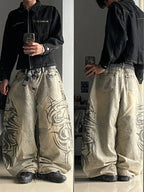 American Retro Streetwear Y2K Gray Printed Loose Jeans Hip Hop Harajuku Casual Washed Distressed Straight Floor Mopping Pants - Matrix Studios