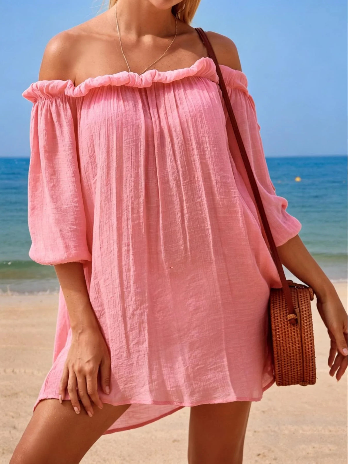 Vacation Style One-Shoulder Short Dress, Fashion Lightweight Sheer Bikini Cover-Up, Casual Plain Beach Clothing for Women - Matrix Studios