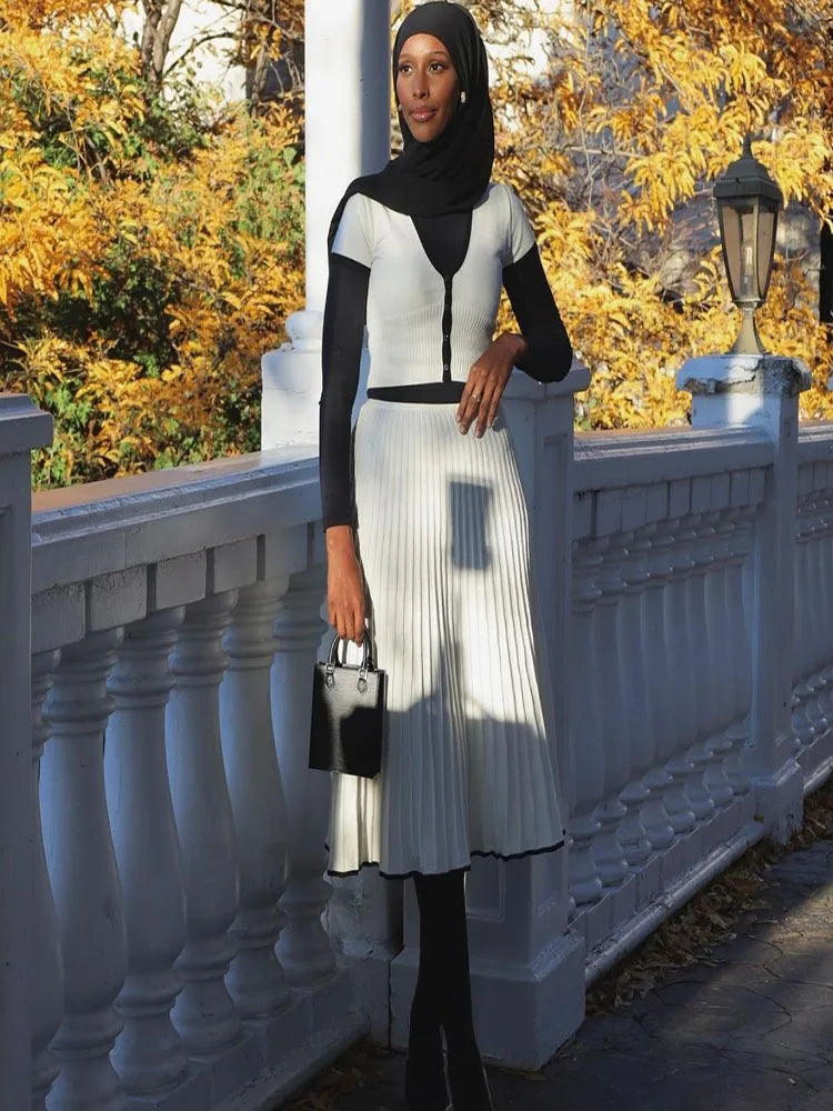 2024 Summer Women White long Skirt Suit Short Sleeve V-neck crop top pleated set elegant dress 2 piece skirt set Plus Size S-3XL - Matrix-studios.com