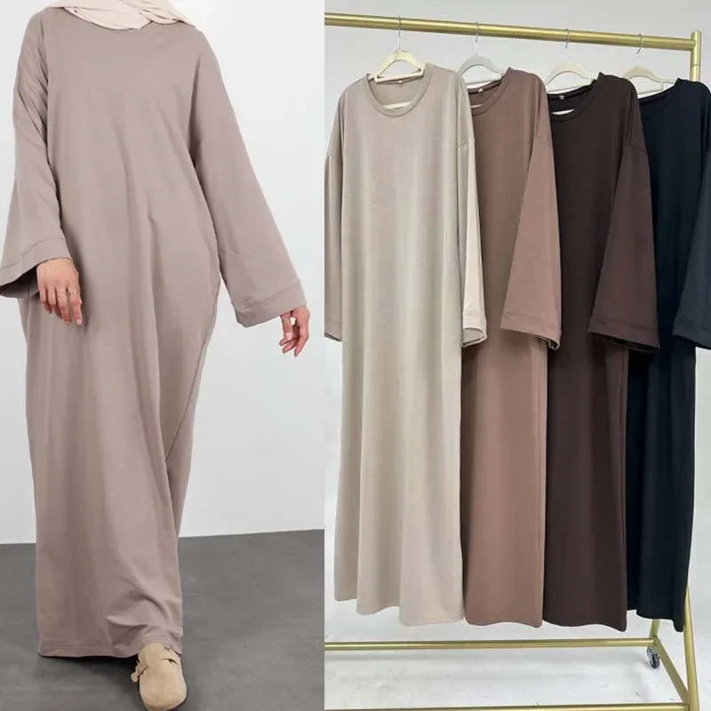 2024 New Modest Dress Solid Color Inner Dresses Muslim Women Dubai Abaya Eid Ramadan Islam Clothing Turkey Arabic Robe - Matrix-studios.com