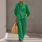 Fashion Cotton Linen  Pant Set  Women's Casual Stand Collar Button Top Wide Leg Trousers 2-piece Set Retro Female Office Suit - Matrix-studios.com