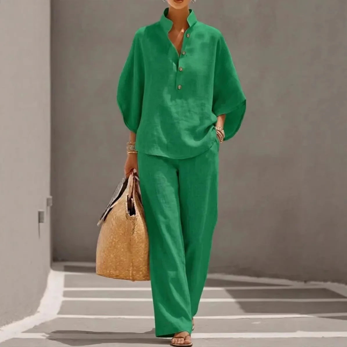 Fashion Cotton Linen  Pant Set  Women's Casual Stand Collar Button Top Wide Leg Trousers 2-piece Set Retro Female Office Suit - Matrix-studios.com