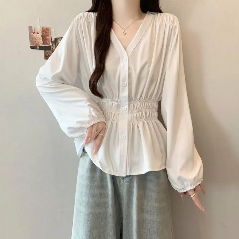 200 Pounds Plus Size Elastic Waist Office Lady Trend Shirt And Blouse Solid Color Top Women Clothing V-neck French Chic Basics - Matrix-studios.com