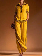 Women 2 Piece Linen Set Lapel Collar Half Button Short Sleeve High Waist Split Elegant Casual Loose Summer Wide Leg Long Pants - Matrix-studios.com