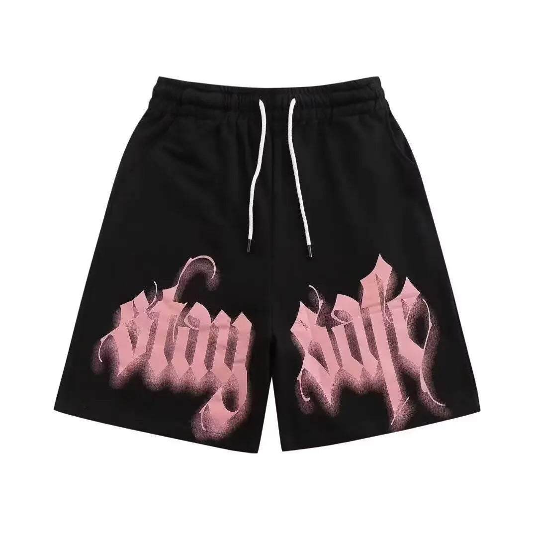 American Trend New Retro Sports High Street Pink Letters Versatile Tide Brand Summer Shorts Casual Printing Loose Shorts for Men
