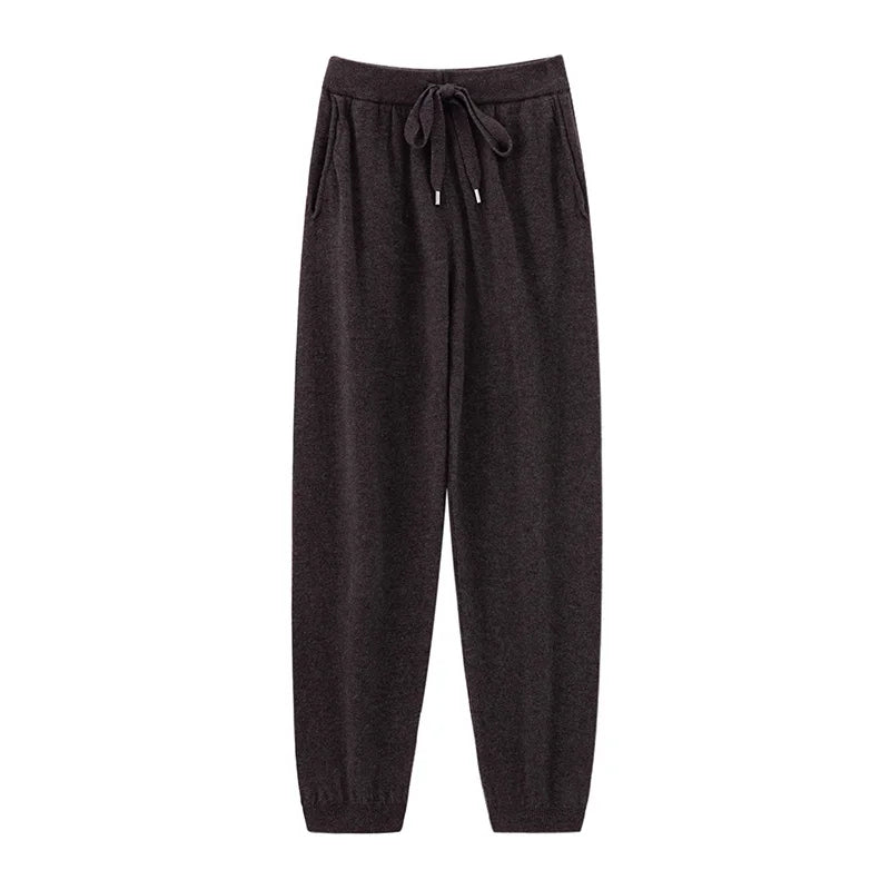 Autumn And Winter New 100% Merino Wool Flat Small Foot Pants Women Loose High Waist Lean Knitted Cashmere Bunched Foot Pants - Matrix-studios.com