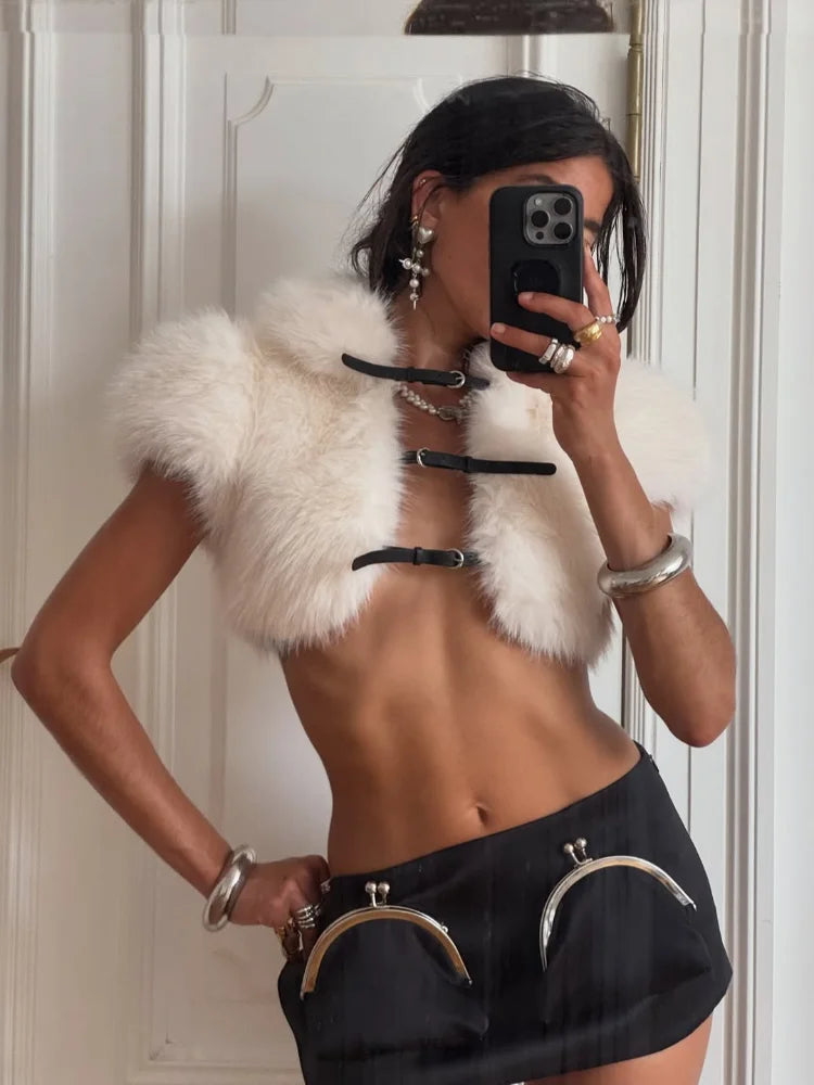 Chic Fluffy Women Fake Fur Jacket Lapel Collar Short Sleeve Lace Up Buckles Cardigan Tops Casual Warm Street Daily Winter Vests - Matrix Studios