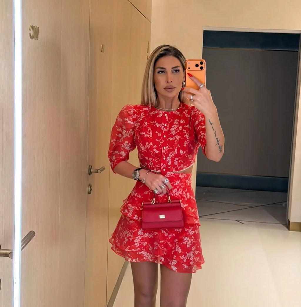 Women's Floral Print Two Piece Set 2026 New Women Puff Sleeve Crop Top + Tiered Ruffle Mini Skirt Casual Vacation Party Outfit - Matrix-studios.com