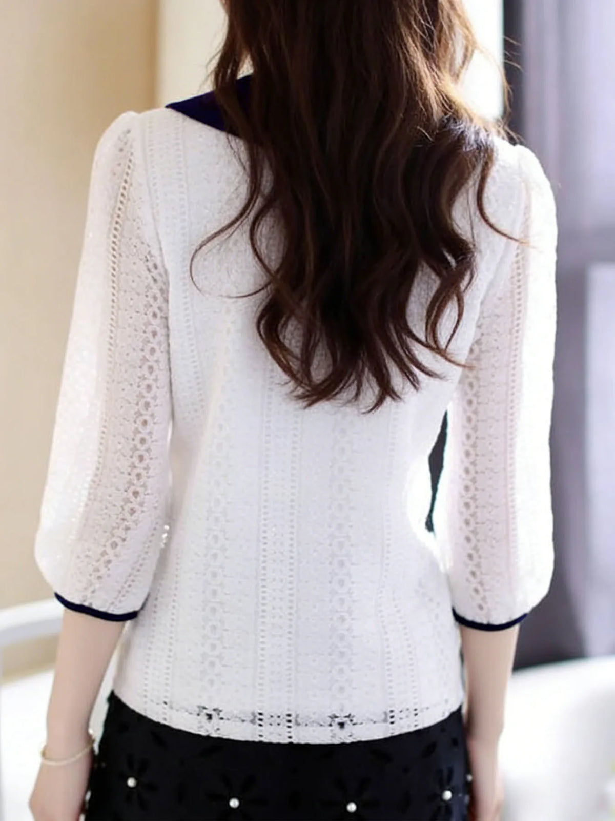 Women's Spring Autumn Style Lace Blouses Shirt Women Peter Pan Collar Solid Color Half Sleeve Elegant Lace Tops SP8676 - Matrix-studios.com