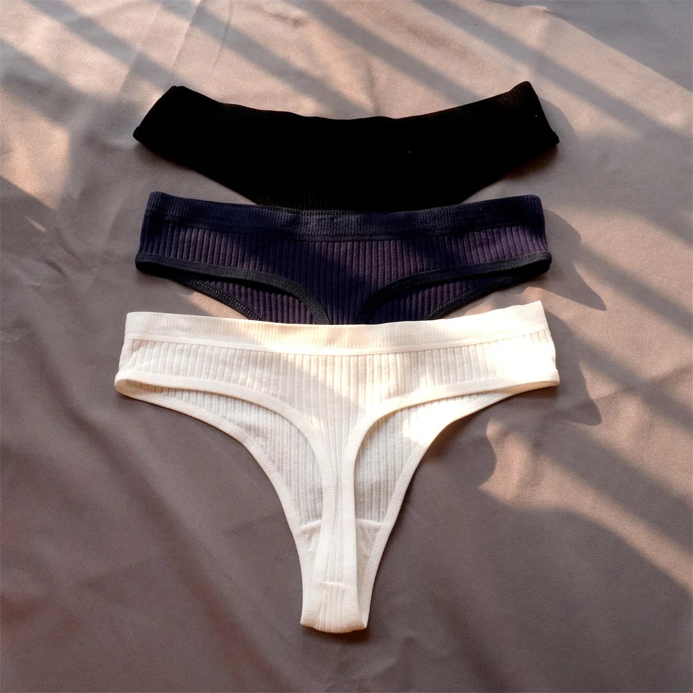 3 Pcs Seamless Ladies Ribbed Cotton Thong Simple Women's Low Waist Bikini Briefs Sports Girls Underwear Plus Size - Matrix Studios