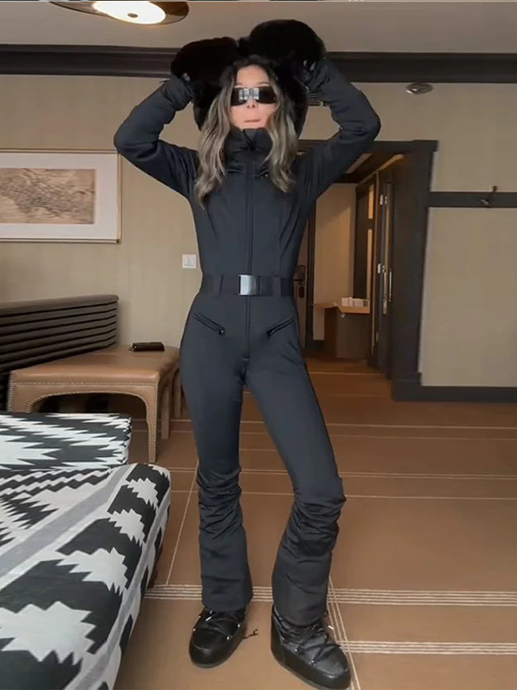 Chic Hooded One Piece Women's Winter Ski Suits Belt Stand Collar High Waist Pockets Overall Jumpsuits 2026 New Lady Warm Skiwear - Matrix Studios