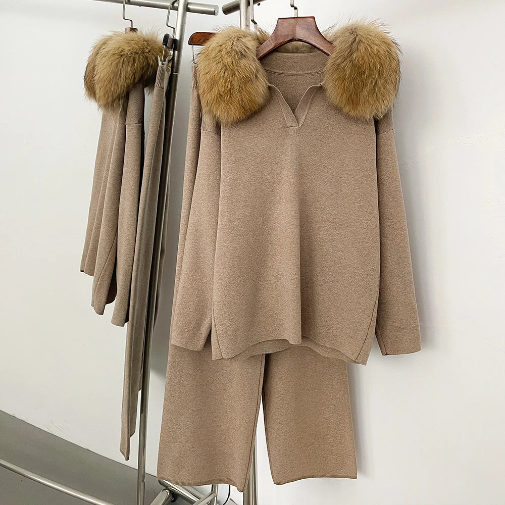 Reality Fur Jacket Pullover Set Woman Spring Knitted Suit Knitwear Female Real Fox Fur Collar Sweater Lady Autumn Knitted New - Matrix Studios