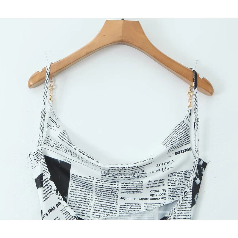 YENKYE New Women Newspaper Letter Print Irregular Hem Sling Dresses Fashion Backless Thin Straps With Chain Summer Sexy Dress - Matrix-studios.com