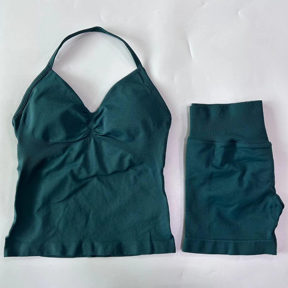No Logo 2Pcs Gym Set Women Backless Tank Tops High Waist Scrunch Seamless Shorts Gym Suit Fitness Clothes Activewear Workout Set - Matrix-studios.com