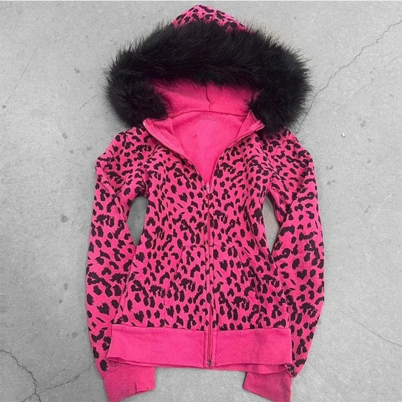 Pink leopard print hooded zipper long-sleeve sweatshirt for spring and autumn comfortable slim fit fashionable street wear 2000s - Matrix Studios