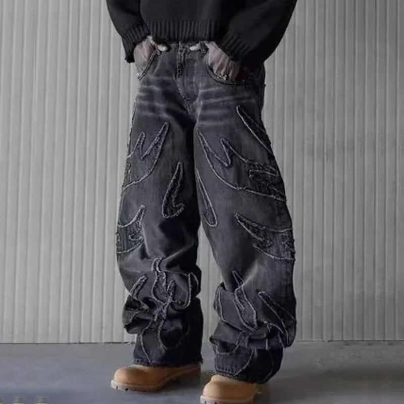 Men Baggy Aesthetic Streetwear Jeans Male Retro Fashion Wide Leg Denim Pants Graphic Embroidered Designer Hip Pop Denim Trousers - Matrix Studios