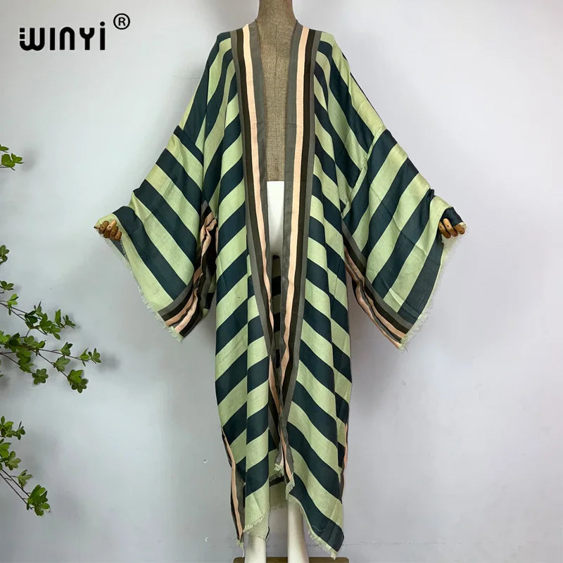 WINYI Kimono Africa Summer Boho Stripe Print Beach Swimwear Elegant Cardigan Sexy Holiday Maxi Beach Wear Swimsuit Evening Dress - Matrix Studios