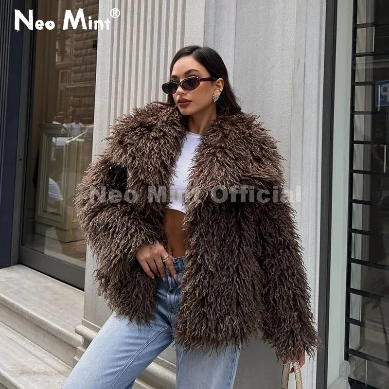Neo Mint 2025 Winter Lulicore Fashion Brown Faux Fur Coat Women Chic Autumn Warm Fluffy Sheep Fur Jacket Big Fur Collar Overcoat - Matrix Studios