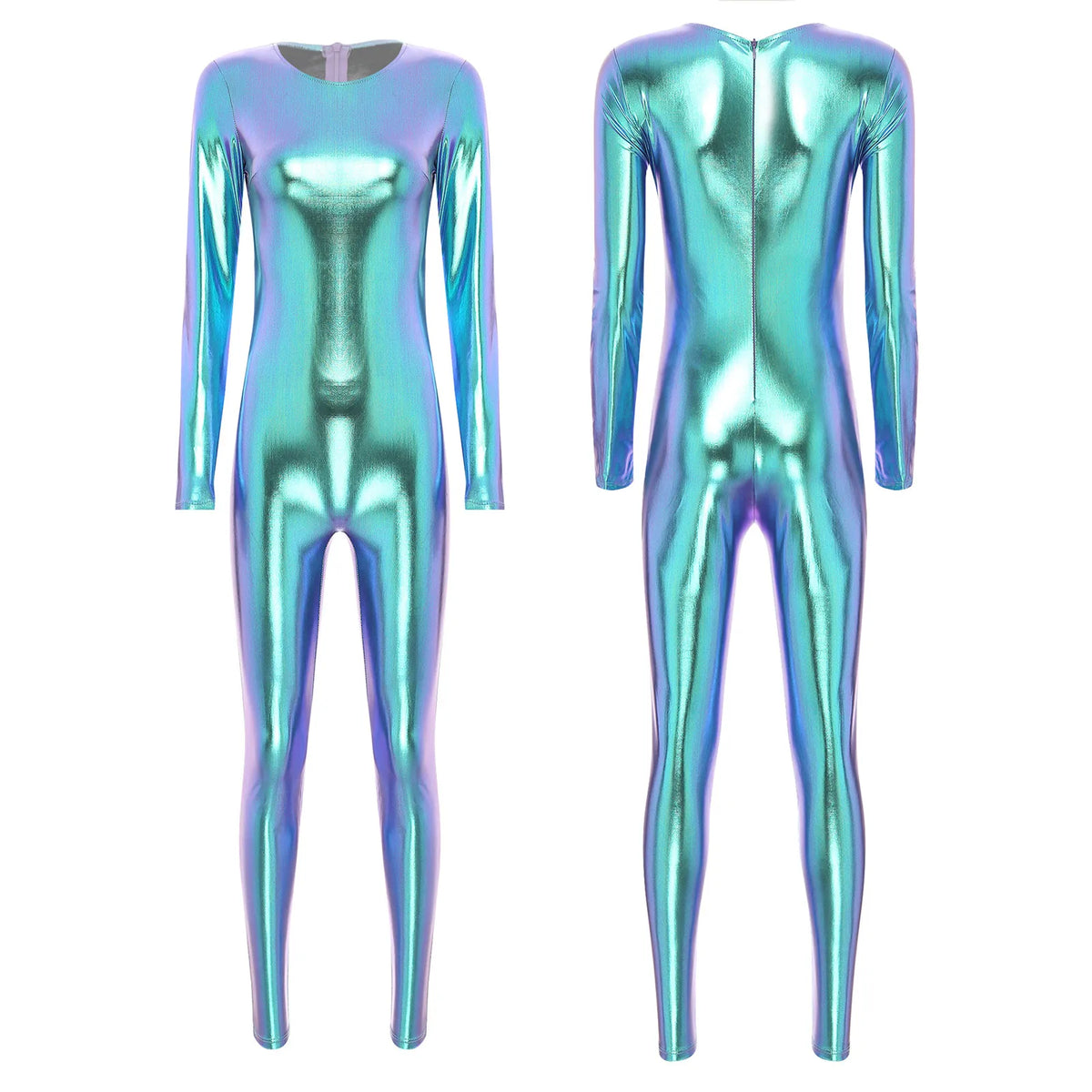 Womens Metallic Shiny Bodysuit Clubwear Long Sleeve Slim Fit Full Body Jumpsuit Nightclub Rave Party Musci Festival Costumes - Matrix Studios