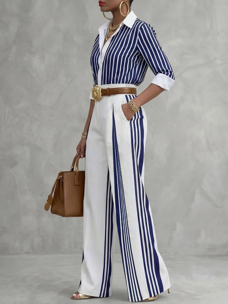 Yeezzi Women Formal Fashion Matching Set Contrast Color Striped Long Sleeve Lapel Blouse Wide Leg Full Length Pants 2 Piece Sets - Matrix-studios.com