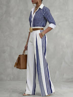 Yeezzi Women Formal Fashion Matching Set Contrast Color Striped Long Sleeve Lapel Blouse Wide Leg Full Length Pants 2 Piece Sets - Matrix-studios.com