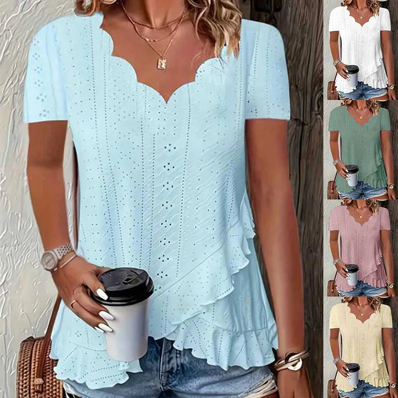 Women's Fashion Blouses Summer 2025 Ruffles Loose Hollow Out Tops Casual Solid Colors Wave V-Neck Short Sleeve White Shirts Lady - Matrix-studios.com