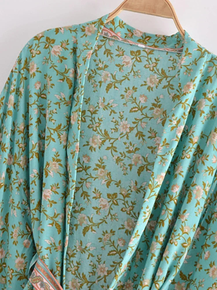 Boho Vintage Multi Floral Print Sashes Kimono Women bohemian V Neck batwing Sleeves rayon cotton happie short robe Cover-ups - Matrix Studios