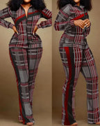Two Piece Set Women Outfit 2023 Autumn Fashion Geometric Print Stand Collar Long Sleeve Zip Up Top & Casual Sporty Pants Set - Matrix-studios.com