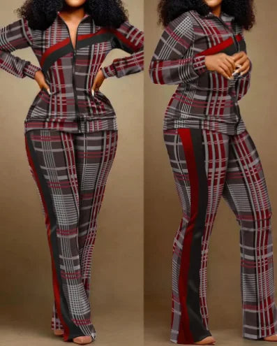Two Piece Set Women Outfit 2023 Autumn Fashion Geometric Print Stand Collar Long Sleeve Zip Up Top & Casual Sporty Pants Set - Matrix-studios.com