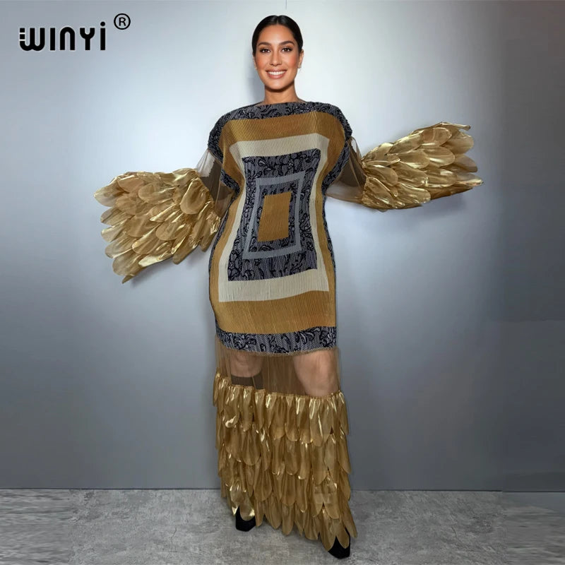 WINYI Pleated Elastic loose dress beach cover up kaftan abaya dubai luxury party dress fashion evening dress abaya muslim woman - Matrix-studios.com