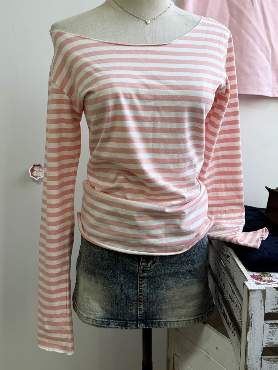 Pink Striped Slim Long Sleeve Tees Women Spring Casual Cotton O-neck Tshirt New Tops Clothes Sweet Cute  Vintage T-shirts Y2K - Matrix-studios.com