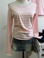 Pink Striped Slim Long Sleeve Tees Women Spring Casual Cotton O-neck Tshirt New Tops Clothes Sweet Cute  Vintage T-shirts Y2K - Matrix-studios.com