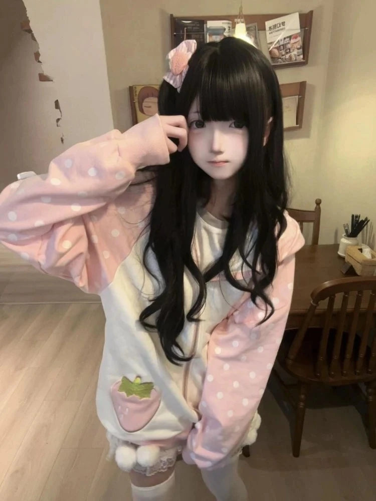 Japanese Kawaii Rabbit Ears Hoodies Tops Women Design Loose Dot Lace Patchwork Cute Coat Harajuku Chic Sweet Lovely Sweatshirts - Matrix Studios