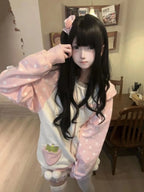 Japanese Kawaii Rabbit Ears Hoodies Tops Women Design Loose Dot Lace Patchwork Cute Coat Harajuku Chic Sweet Lovely Sweatshirts - Matrix Studios