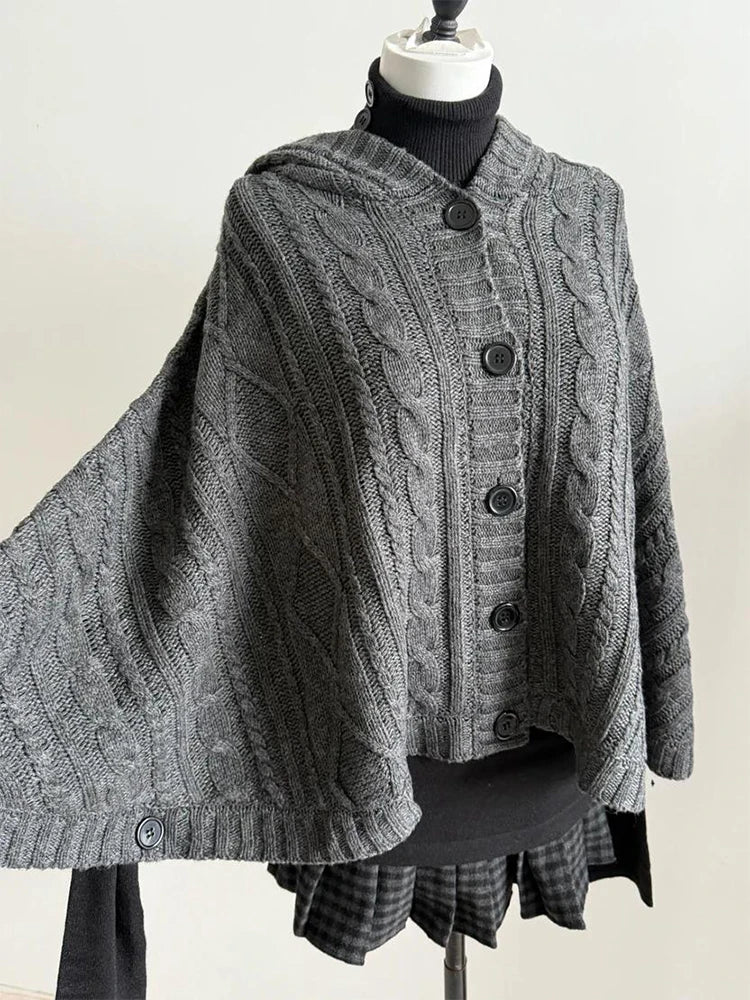 2026 Autumn Winter Women's Y2K Goth Knit Cardigan Harajuku Retro Millennium Aesthetics Single-Breasted Open-Flap Hooded Sweater - Matrix Studios