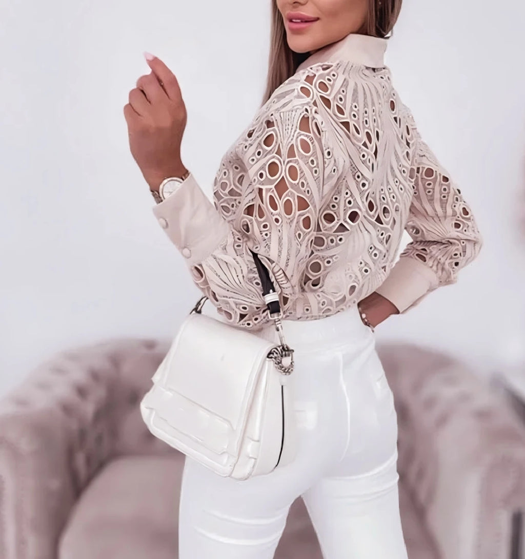 Women's Blouses Hollowed Out Long Sleeved Shirt Casual Solid Button Up With Lapel And Open Front Camisas Femininas - Matrix-studios.com