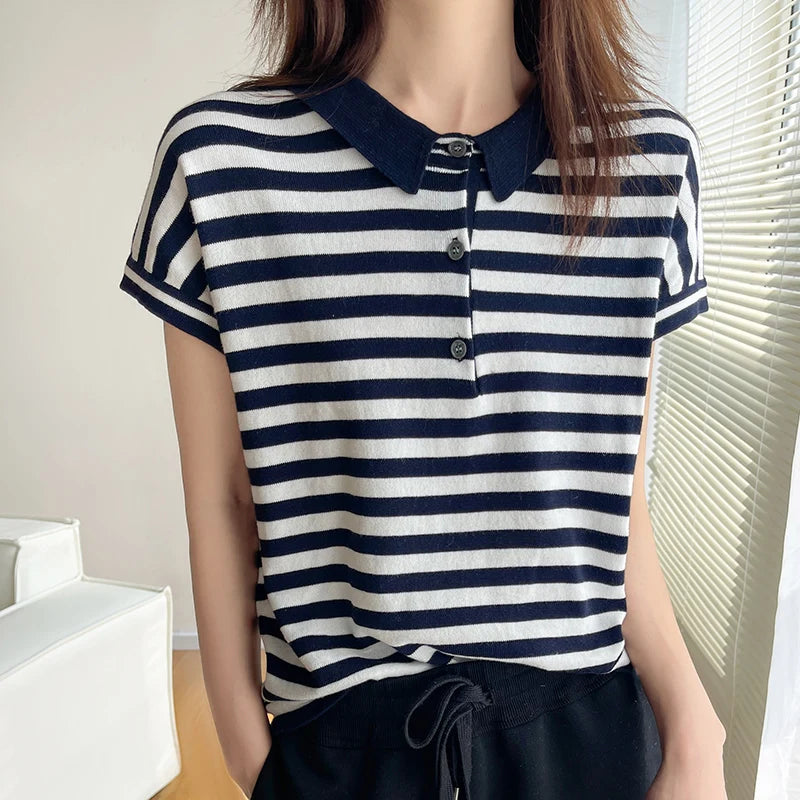 100% pure cotton short sleeved T-shirt women's summer Korean version new polo collar striped knitted sweater loose top - Matrix-studios.com