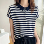 100% pure cotton short sleeved T-shirt women's summer Korean version new polo collar striped knitted sweater loose top - Matrix-studios.com