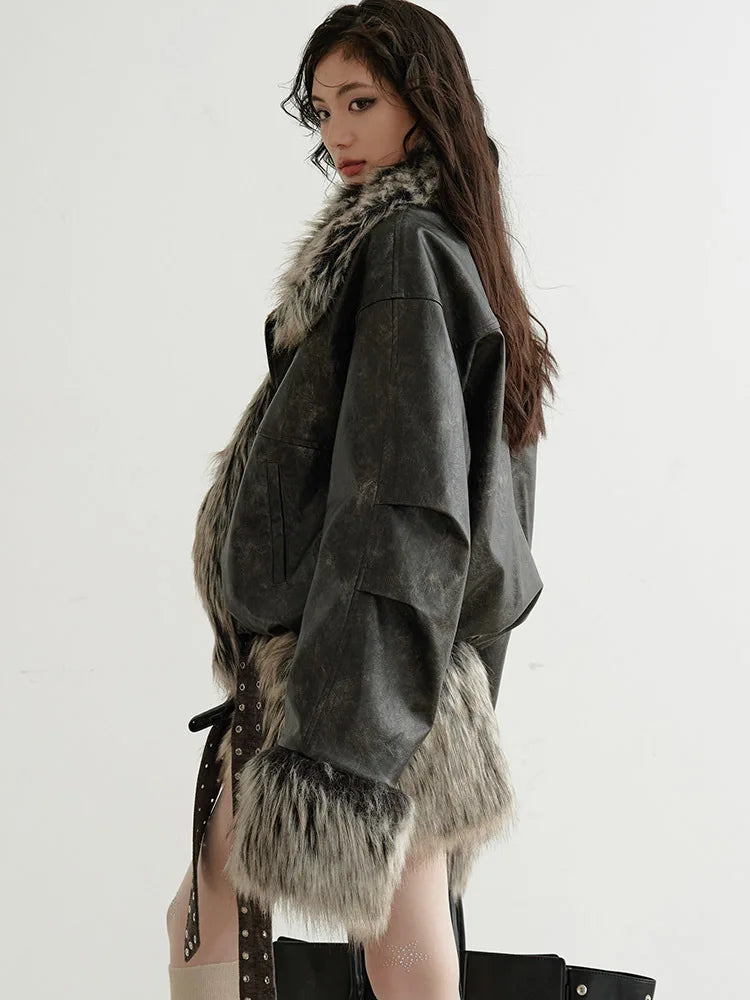 [EAM] Plaid Both Side Wear Leather Big Size Faux Fur Jacket New Lapel Long Sleeve Women Coat Fashion Autumn Winter 2026 1DH9343 - Matrix Studios