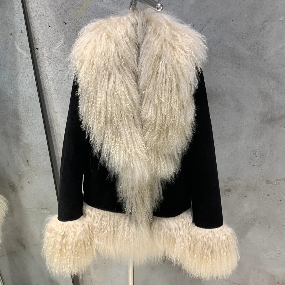 Sheep Collar Coats Women Winter Luxury Mongolian Fur Leather Jackets with Long Sleeve 7251 - Matrix Studios