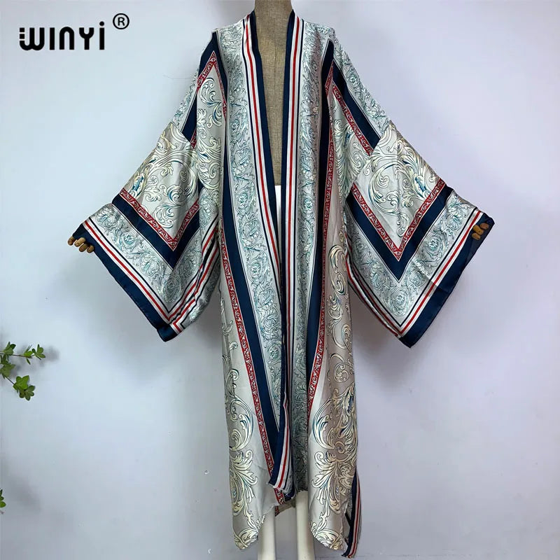 WINYI Kimono Africa Summer Boho Print Bikini Cover-up Elegant Fashion Cardigan Sexy Holiday Long Sleeve Silk Feeling Maxi Dress - Matrix Studios